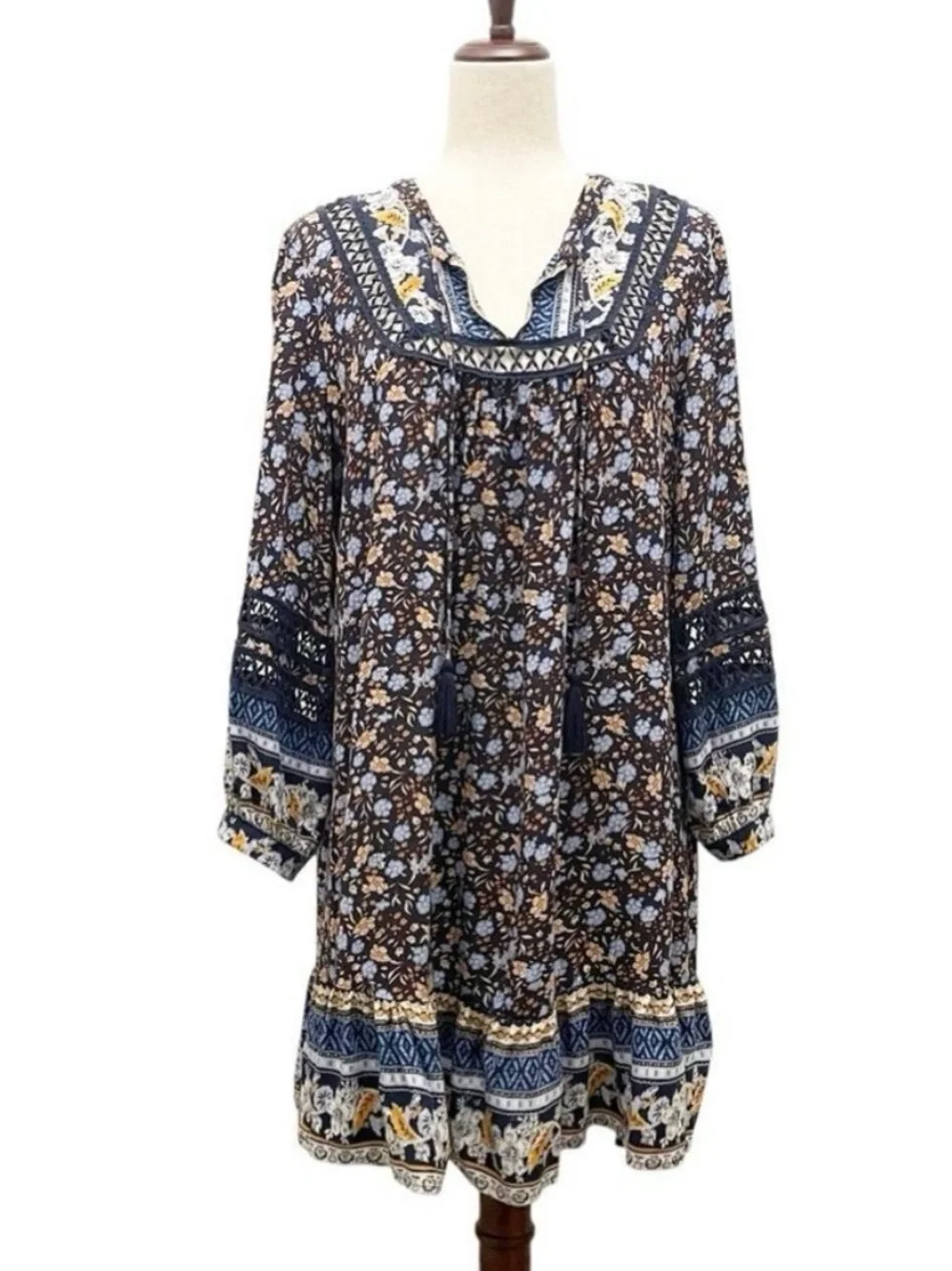 Sundance Navy Floral Long-Sleeve Boho Dress